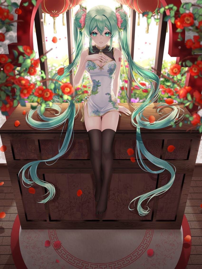 1girl absurdres breasts brown_legwear china_dress chinese_clothes double_bun dress eyebrows_visible_through_hair floral_print flower green_eyes green_hair green_nails hand_on_own_chest hatsune_miku highres lantern long_hair medium_breasts nail_polish paper_lantern petals print_dress rug short_dress shoulder_tattoo sleeveless sleeveless_dress solo tattoo thigh-highs thighs toenail_polish toenails twintails user_kyda3884 very_long_hair vocaloid white_dress