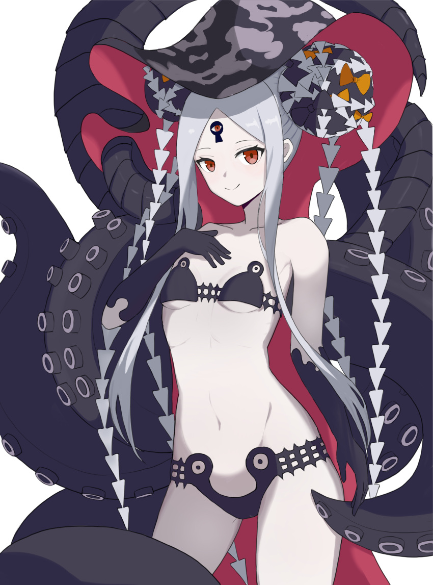 1girl abigail_williams_(fate) abigail_williams_(swimsuit_foreigner)_(fate) absurdres bare_shoulders bikini bikini_bottom bikini_top black_bikini black_bow black_gloves bow breasts closed_mouth collarbone double_bun elbow_gloves fate/grand_order fate_(series) gloves grey_hair hand_on_own_chest highres looking_at_viewer midriff navel orange_bow red_eyes revealing_clothes sidelocks simple_background small_breasts smile solo split_mouth swimsuit tentacles thighs third_eye twintails white_background xigua