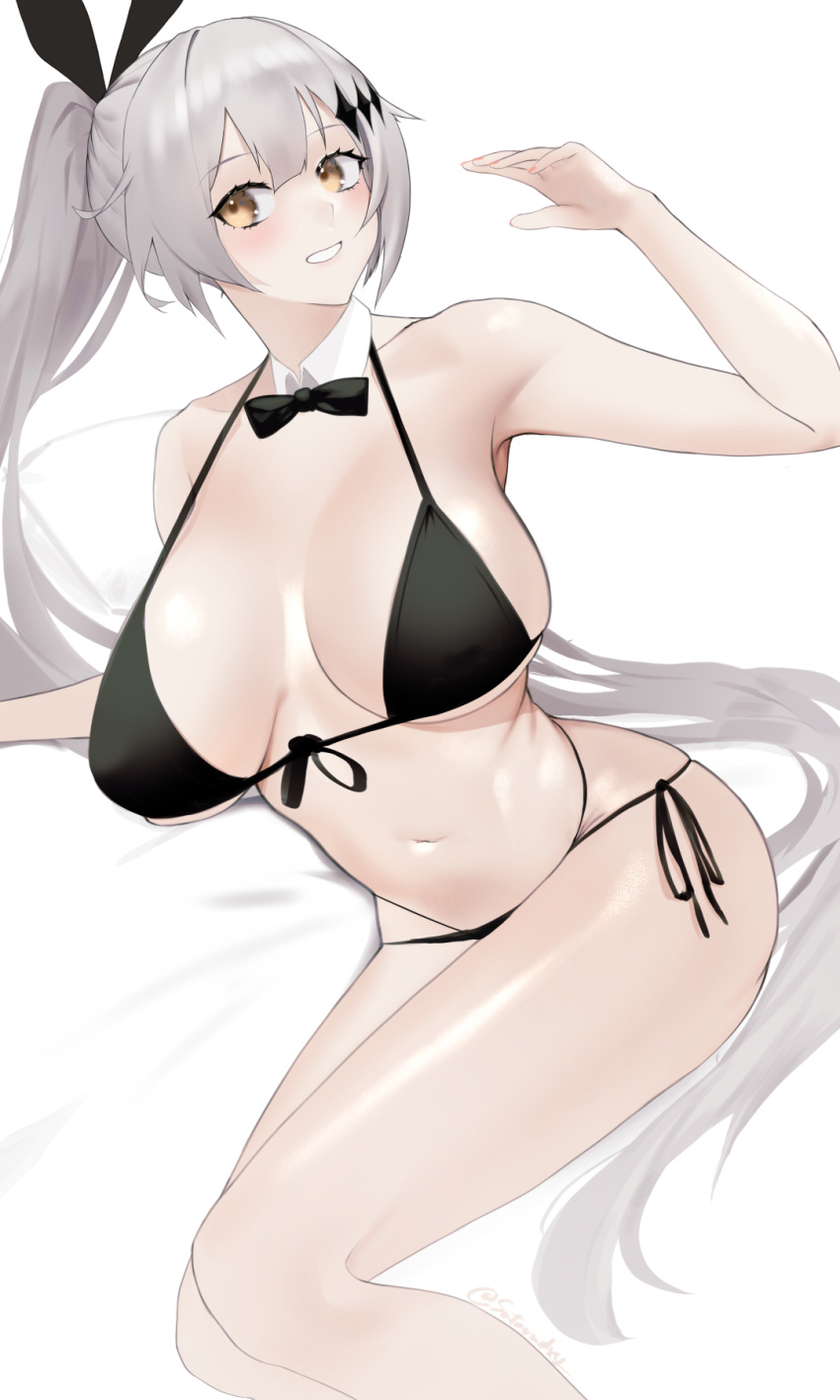 1girl animal_ears artist_name bangs bare_legs bikini black_bikini black_bow black_bra black_panties black_swimsuit bow bowtie bra breasts eyebrows_visible_through_hair fake_animal_ears feet_out_of_frame five-seven_(girls'_frontline) girls_frontline hand_on_floor hand_up highres large_breasts legs light_brown_eyes long_hair looking_at_viewer navel on_floor open_mouth panties ponytail rabbit_ears saturndxy silver_hair solo swimsuit thighs underwear very_long_hair white_background