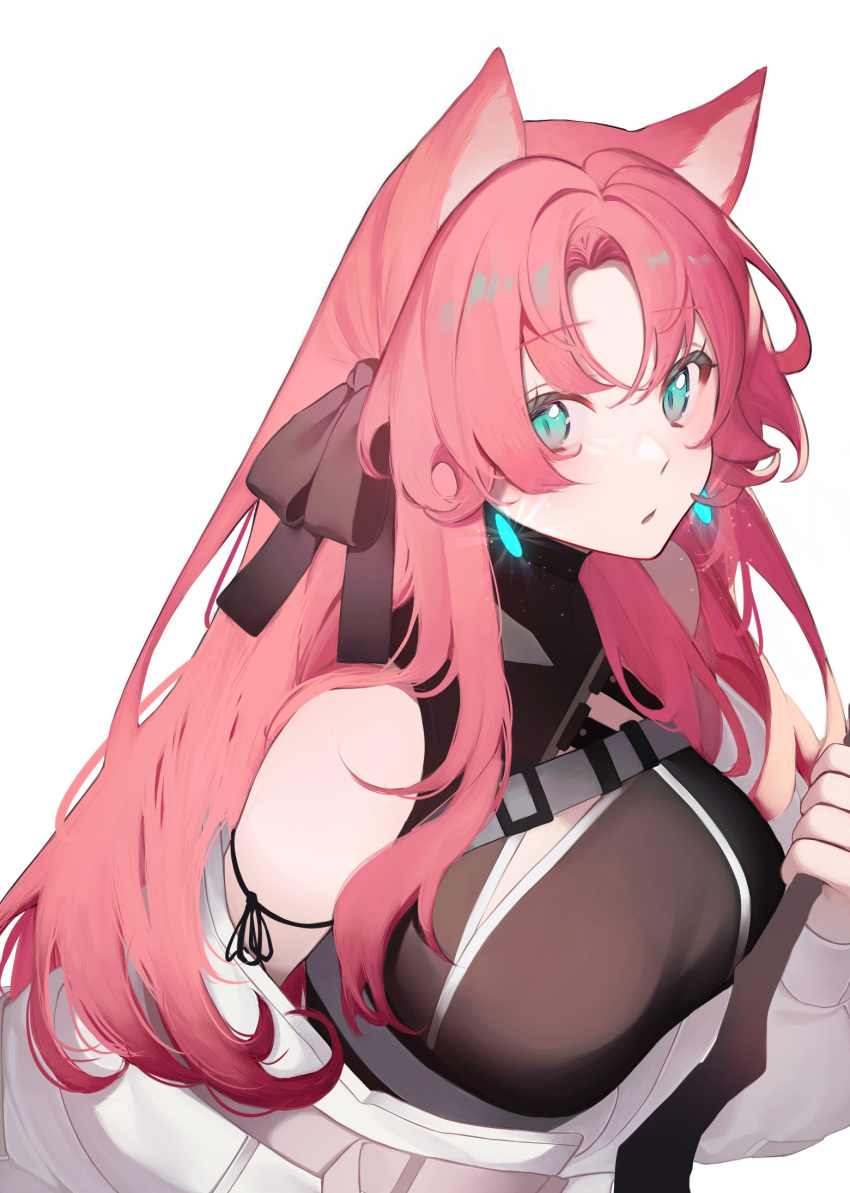 1girl :o animal_ears bangs bare_shoulders belt black_ribbon black_shirt breasts cat_ears earrings green_eyes hair_ribbon highres holding holding_staff jacket jewelry large_breasts long_hair off-shoulder_jacket off_shoulder original parted_bangs parted_lips pink_hair ribbon shirt sidelocks sleeves_past_wrists solo staff tia_(tia_1207) upper_body white_jacket