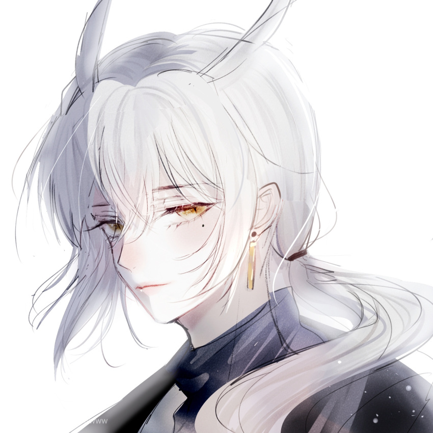 1boy earrings expressionless formal grey_hair hair_between_eyes highres jewelry light_smile looking_at_viewer male_focus mimizuku_(sky:_children_of_the_light) mole mole_under_eye pf-www ponytail sidelocks simple_background sky:_children_of_the_light slit_pupils solo sparkle suit tassel tassel_earrings tied_hair white_background white_hair
