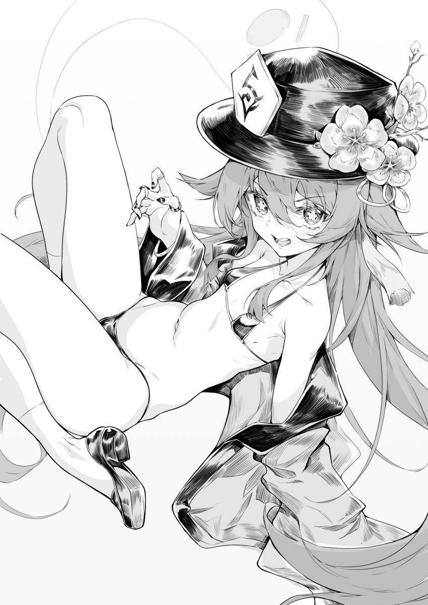 1girl absurdres bikini blush bracelet breasts flat_chest flower genshin_impact greyscale hair_flower hair_ornament hat highres hu_tao_(genshin_impact) jewelry long_hair looking_at_viewer microphone monochrome open_mouth ring shanyao_jiang_tororo small_breasts smile solo swimsuit thighs undressing very_long_hair