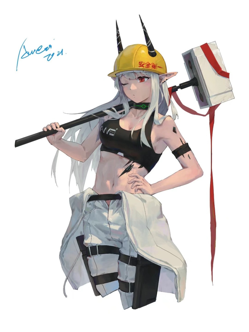 1girl arknights aweii bare_arms bare_shoulders black_choker breasts choker commentary cropped_legs hammer hand_on_hip highres holding holding_hammer holding_weapon horns horns_through_headwear infection_monitor_(arknights) medium_breasts midriff mudrock_(arknights) navel one_eye_closed oripathy_lesion_(arknights) over_shoulder pants pointy_ears signature solo sports_bra standing stomach weapon weapon_over_shoulder white_pants