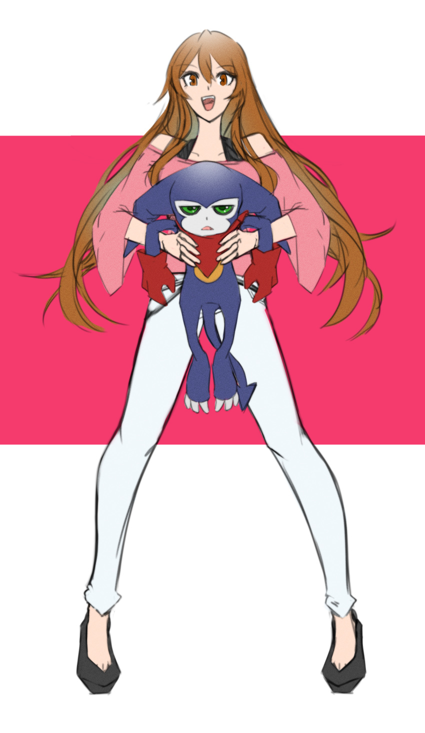 1girl absurdres bare_shoulders brown_eyes brown_hair character_request collarbone digimon digimon_(creature) eyebrows_visible_through_hair full_body green_eyes hair_between_eyes high_heels highres holding impmon jiyuuya legs_apart long_hair long_sleeves off-shoulder_shirt off_shoulder open_mouth pants shirt sidelocks simple_background solo standing teeth two-tone_background upper_teeth white_legwear white_pants wide_sleeves