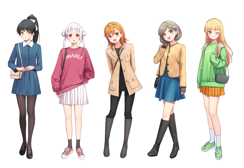 5girls :d :o ;) arashi_chisato arm_at_side arm_warmers arms_behind_back bag bangs black_footwear black_hair black_legwear black_pants black_shirt blonde_hair blue_eyes blue_jacket blue_skirt blunt_bangs blush boots bow bow_hairband breast_pocket brown_jacket brown_legwear buttons clothes_writing collared_shirt commentary crossed_legs deadnooodles double_bun eyebrows_visible_through_hair footwear_bow full_body green_eyes green_footwear green_sweater grey_footwear grey_hair hair_behind_ear hair_between_eyes hair_bow hairband hand_on_own_cheek hand_on_own_face hand_up handbag hands_up hazuki_ren heanna_sumire high_ponytail highres jacket knee_boots long_hair long_sleeves looking_at_viewer love_live! love_live!_superstar!! miniskirt multiple_girls one_eye_closed open_clothes open_jacket open_mouth orange_hair orange_hairband orange_skirt own_hands_together pants pants_tucked_in pantyhose parted_lips pink_eyes pink_footwear pink_sweater plaid plaid_jacket plaid_skirt pleated_skirt pocket ponytail shibuya_kanon shirt shoes short_hair shoulder_bag simple_background skirt sleeves_past_wrists smile sneakers socks standing sweater swept_bangs tang_keke teeth twintails upper_teeth violet_eyes watson_cross white_background white_bow white_hairband white_legwear white_shirt white_skirt yellow_eyes yellow_jacket