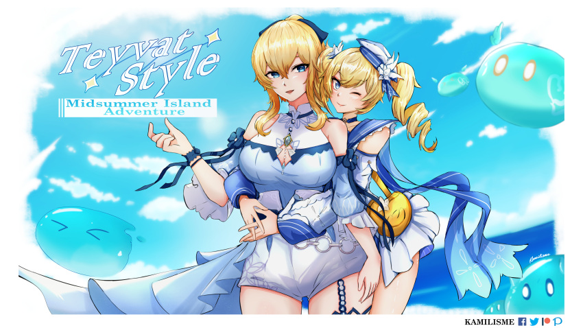 2girls :d ;) absurdres bag bangs barbara_(genshin_impact) barbara_(summertime_sparkle)_(genshin_impact) blonde_hair blue_eyes blue_sky blue_sweater blurry bow bracelet choker clouds cloudy_sky commentary depth_of_field detached_sleeves drill_hair duck_print english_commentary english_text eyebrows_visible_through_hair genshin_impact hair_between_eyes hair_bow hair_ornament hair_ribbon handbag hat highres horizon hug hug_from_behind jean_(genshin_impact) jean_(sea_breeze_dandelion)_(genshin_impact) jewelry kamilisme long_hair long_sleeves multiple_girls ocean one_eye_closed open_mouth ponytail ribbon sidelocks sky slime_(genshin_impact) smile sweater swimsuit twin_drills twintails