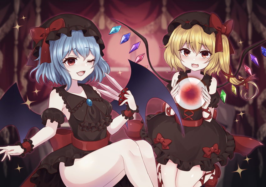 2girls absurdres alternate_color arm_ribbon ascot back_bow bangs bat_wings between_fingers black_dress black_neckwear blonde_hair blue_hair bow breasts check_commentary collarbone commentary commentary_request detached_sleeves dress eyebrows_visible_through_hair fang flandre_scarlet frilled_dress frilled_shirt_collar frilled_skirt frills hair_between_eyes hat hat_bow highres holding holding_knife knife knives_between_fingers looking_at_viewer mary_janes medium_breasts mob_cap multiple_girls open_mouth puffy_short_sleeves puffy_sleeves red_bow red_eyes red_footwear red_ribbon remilia_scarlet ribbon shoes short_hair short_sleeves siblings side_ponytail sisters skin_fang skirt sparkle subaru_(subachoco) thighs touhou wings wrist_cuffs