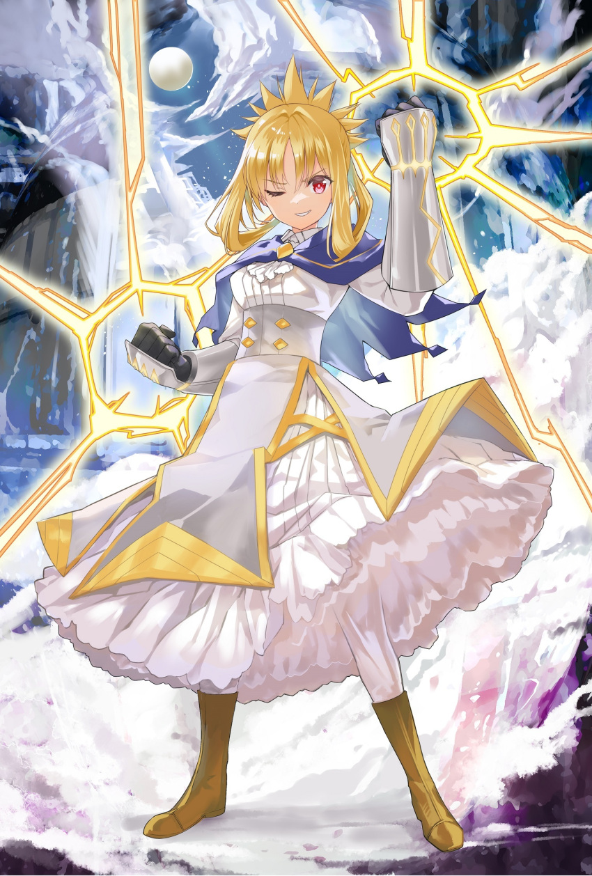 1girl ;d ascot bangs blonde_hair blue_capelet boots breasts brown_footwear capelet clenched_hands cover_image dress electricity eyebrows_visible_through_hair full_body full_moon gauntlets highres itai_no_wa_iya_nano_de_bougyoryoku_ni_kyokufuri_shitai_to_omoimasu koin_(foxmark) layered_dress long_sleeves looking_at_viewer medium_breasts moon night novel_illustration official_art one_eye_closed open_mouth outdoors red_eyes shiny shiny_hair sidelocks smile smirk smug solo standing textless underbust v-shaped_eyebrows velvet_(bofuri) white_dress white_legwear