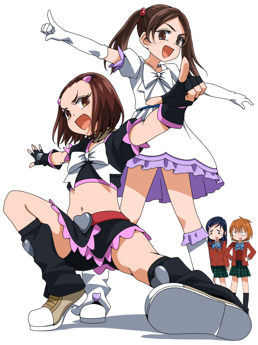 4girls :d absurdres bangs bike_shorts black_gloves black_legwear black_shorts black_skirt blue_hair blue_neckwear blush bow bowtie brown_eyes brown_hair cosplay crop_top cure_black cure_black_(cosplay) cure_white cure_white_(cosplay) diagonal-striped_bow diagonal-striped_neckwear diagonal_stripes dress ebura_din elbow_gloves fingerless_gloves floating_hair futari_wa_precure gloves green_skirt hair_between_eyes hair_bobbles hair_ornament hairclip highres jacket kneehighs koshino_natsuko leg_warmers long_hair looking_at_viewer midriff miniskirt misumi_nagisa mori_kyouko multiple_girls navel open_clothes open_jacket open_mouth outstretched_arms plaid plaid_skirt pleated_skirt precure red_jacket red_vest short_dress short_hair short_shorts shorts shorts_under_skirt simple_background skirt smile stomach striped striped_bow striped_neckwear swept_bangs twintails v-shaped_eyebrows vest white_background white_dress white_gloves white_legwear white_neckwear yukishiro_honoka