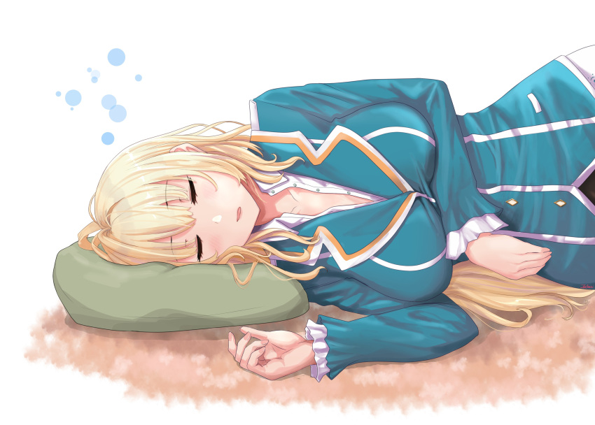 1girl absurdres atago_(kancolle) blonde_hair breasts closed_eyes frilled_sleeves frills highres jousanrou kantai_collection large_breasts long_hair long_sleeves lying military military_uniform on_side pillow sleeping solo uniform upper_body