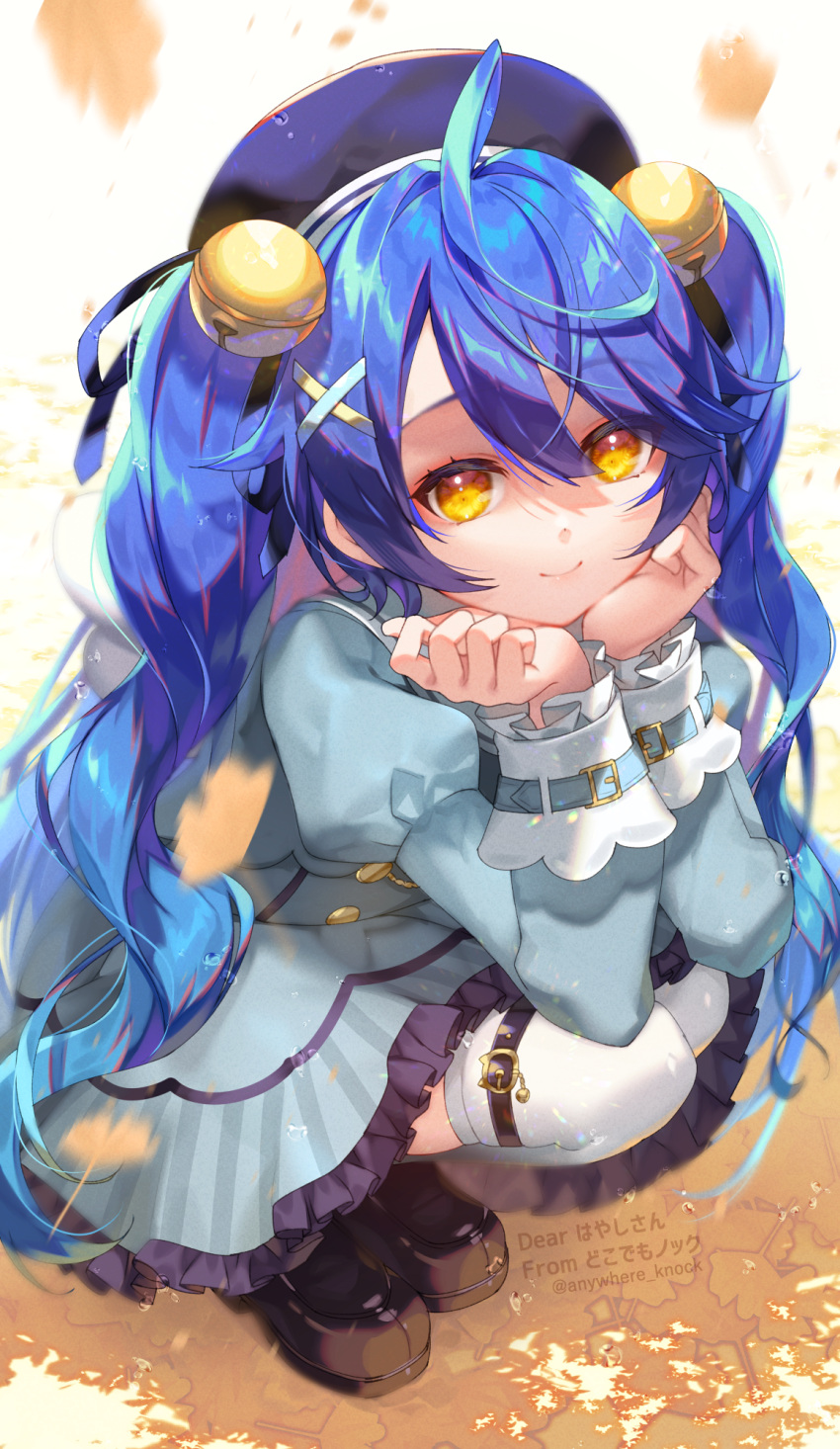 1girl ahoge amamiya_kokoro anywhere_knock arms_up bangs bell beret blue_dress blue_hair blue_headwear brown_footwear closed_mouth commentary_request commission dress eyebrows_visible_through_hair eyes_visible_through_hair frilled_dress frills full_body hair_bell hair_between_eyes hair_ornament hat highres jingle_bell juliet_sleeves long_hair long_sleeves looking_at_viewer nijisanji puffy_sleeves shoes skeb_commission smile solo squatting thigh-highs twintails twitter_username very_long_hair virtual_youtuber white_legwear x_hair_ornament yellow_eyes