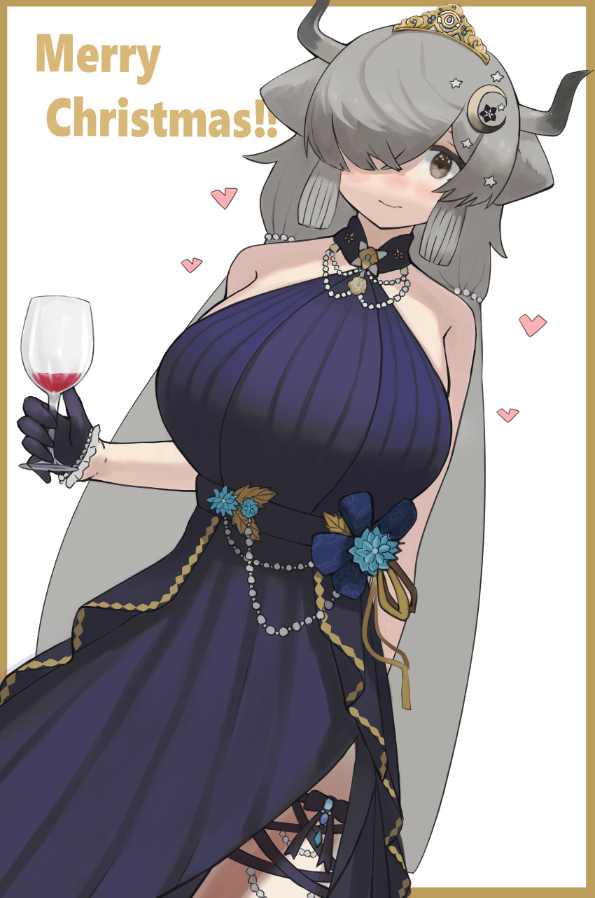 1girl absurdres animal_ears bangs bare_shoulders black_dress black_gloves border breasts crescent crescent_hair_ornament cup dress drinking_glass english_text gloves grey_hair hair_ornament hair_over_one_eye half_gloves heart highres holding holding_cup horns jewelry kemono_friends large_breasts light_smile long_hair looking_at_viewer low_twintails merry_christmas necklace one_eye_covered pearl_necklace side_slit simple_background sleeveless sleeveless_dress solo star_(symbol) star_hair_ornament tiara twintails very_long_hair white_background wine_glass yak_(kemono_friends) zuchi00
