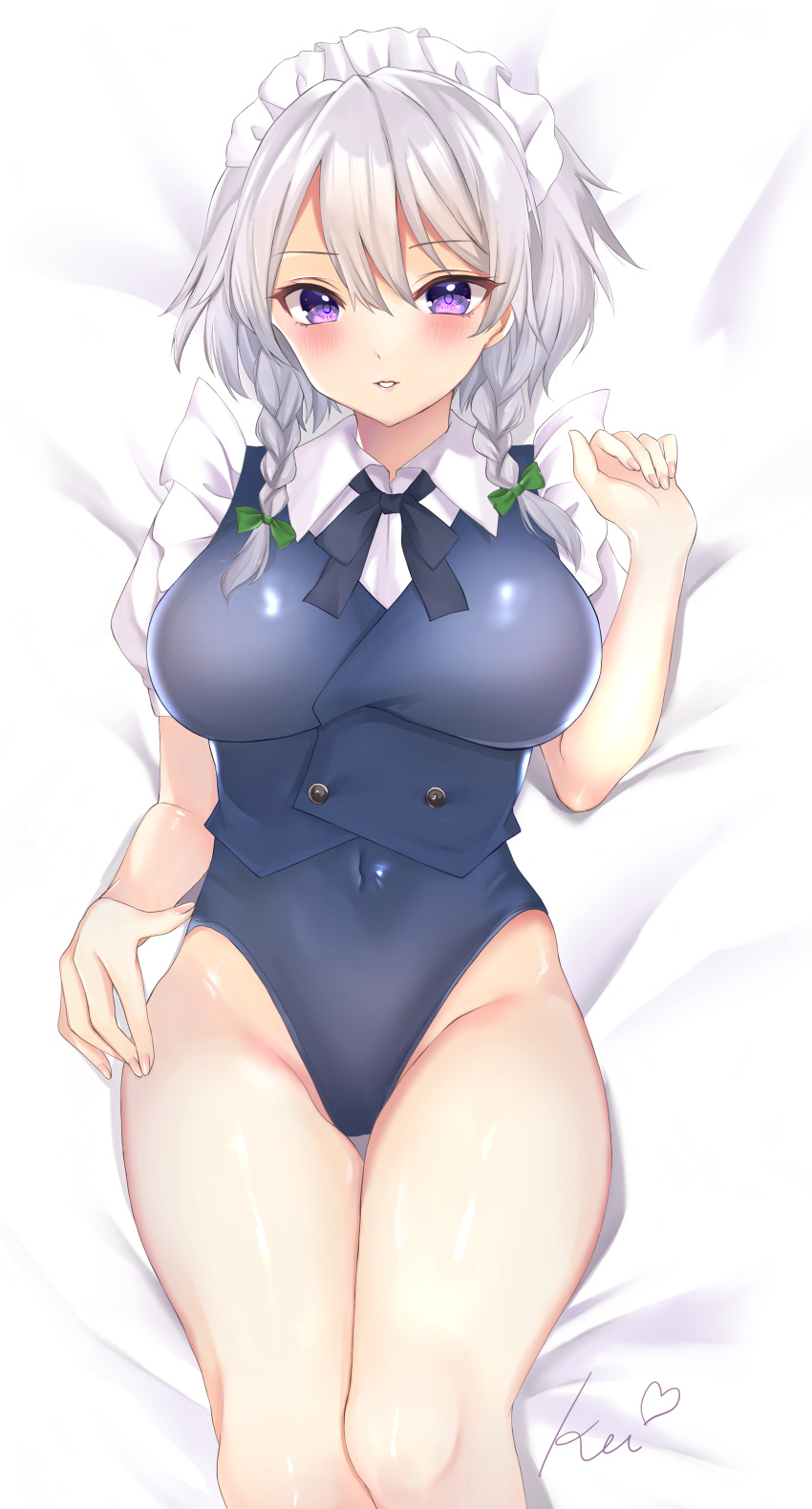 1girl absurdres alternate_eye_color ass blue_leotard blue_vest blush bow braid breasts buttons from_above green_bow highres izayoi_sakuya kei_(hidden) leotard leotard_under_clothes lips lying medium_breasts on_back shirt short_hair shorts silver_hair solo touhou twin_braids underwear vest violet_eyes white_bow white_shirt