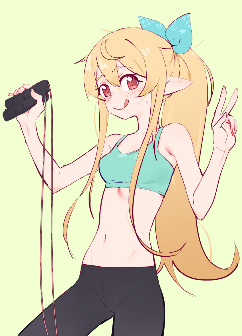 1girl :q absurdres alternate_costume armpit_crease bare_shoulders blonde_hair eds groin hair_ribbon highres jump_rope long_hair midriff navel nijisanji nijisanji_en pants pointy_ears pomu_rainpuff ponytail red_eyes ribbon simple_background solo sports_bra sweat tongue tongue_out v virtual_youtuber yoga_pants