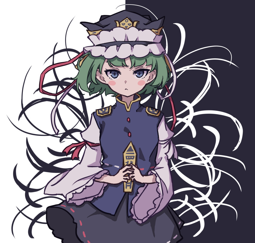 1girl absurdres black_background black_skirt blouse blue_eyes blue_vest bow breasts commentary flower frilled_hat frills green_eyes green_hair hat highres kame_(kamepan44231) long_sleeves one-hour_drawing_challenge ribbon ribbon-trimmed_skirt ribbon_trim rod_of_remorse shiki_eiki short_hair skirt small_breasts solo spider_lily touhou vest white_background white_blouse wide_sleeves