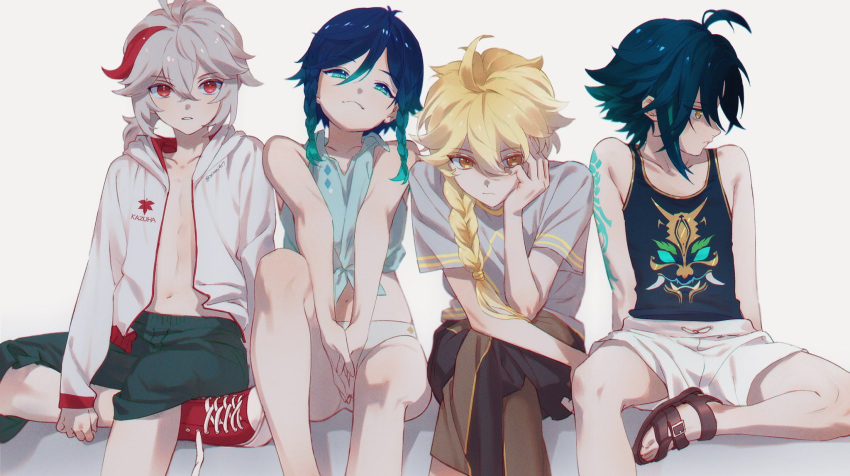 4boys aether_(genshin_impact) ahoge alternate_costume androgynous aqua_eyes aqua_hair arm_tattoo artist_name bare_legs bare_pectorals black_shorts black_tank_top blonde_hair blue_eyes blue_hair blue_shirt braid cheek_rest frown genshin_impact gradient_hair green_hair grey_shirt hand_on_own_cheek hand_on_own_face hands_on_lap highres hood hoodie kaedehara_kazuha legs long_braid long_hair looking_at_viewer looking_away looking_to_the_side micro_shorts multicolored_hair multiple_boys open_clothes open_hoodie own_hands_clasped own_hands_together pectorals red_eyes redhead sandals shirt shoes short_hair_with_long_locks short_sleeves shorts signature simple_background sitting sleeveless sleeveless_shirt smirk smug sneakers tank_top tattoo toned toned_male twin_braids twitter_username two-tone_hair venti_(genshin_impact) white_background white_hair white_shorts xiao_(genshin_impact) xiao_417 yellow_eyes