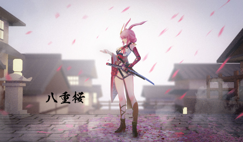 1girl aleihuai_biao animal_ears architecture armor bangs bare_shoulders black_footwear boots character_name closed_mouth east_asian_architecture fox_ears full_body gauntlets grey_sky hair_between_eyes hair_ornament highres holding holding_sword holding_weapon honkai_(series) honkai_impact_3rd japanese_armor japanese_clothes katana looking_at_viewer outdoors petals pink_hair sheath sheathed single_gauntlet solo standing sword violet_eyes weapon yae_sakura yae_sakura_(flame_sakitama)