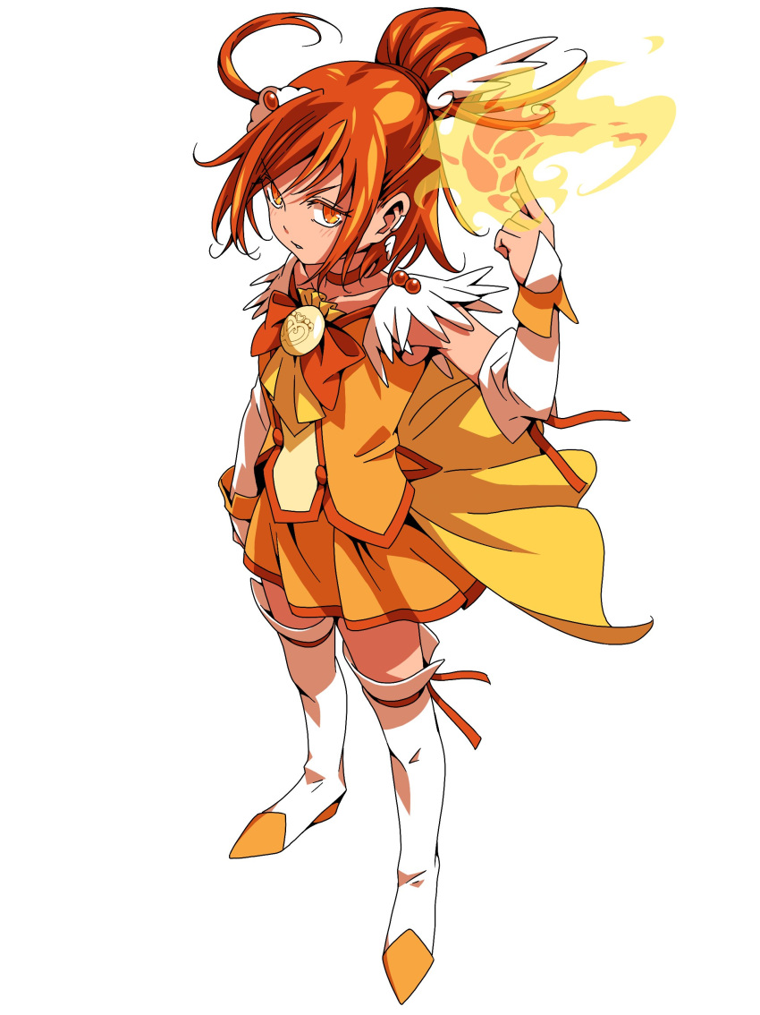 1girl absurdres boots brown_hair choker collarbone cure_sunny detached_sleeves ebura_din fire full_body highres index_finger_raised jacket long_sleeves miniskirt one_side_up orange_choker orange_eyes orange_jacket orange_neckwear orange_ribbon parted_lips pleated_skirt precure ribbon shiny shiny_hair short_hair simple_background skirt sleeveless sleeveless_jacket smile_precure! solo standing thigh-highs thigh_boots tied_hair v-shaped_eyebrows white_background white_footwear white_sleeves yellow_skirt zettai_ryouiki