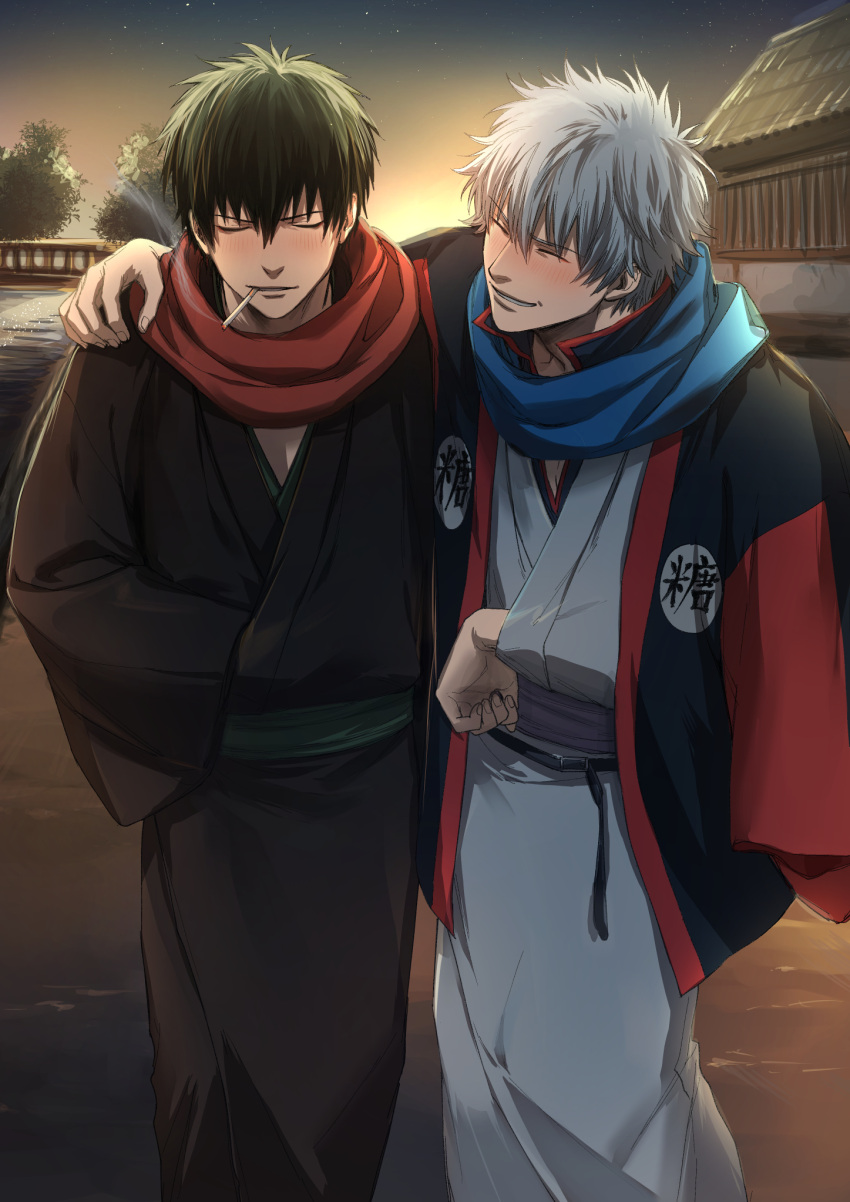 2boys bangs black_hair black_jacket black_kimono blue_scarf blush cigarette closed_eyes gintama grey_hair hair_between_eyes hand_on_another's_shoulder highres hijikata_toushirou jacket jacket_on_shoulders japanese_clothes kimono male_focus mouth_hold multiple_boys outdoors parted_lips red_scarf sakata_gintoki scarf smoke smoking sunrise uraki_(tetsu420) white_kimono