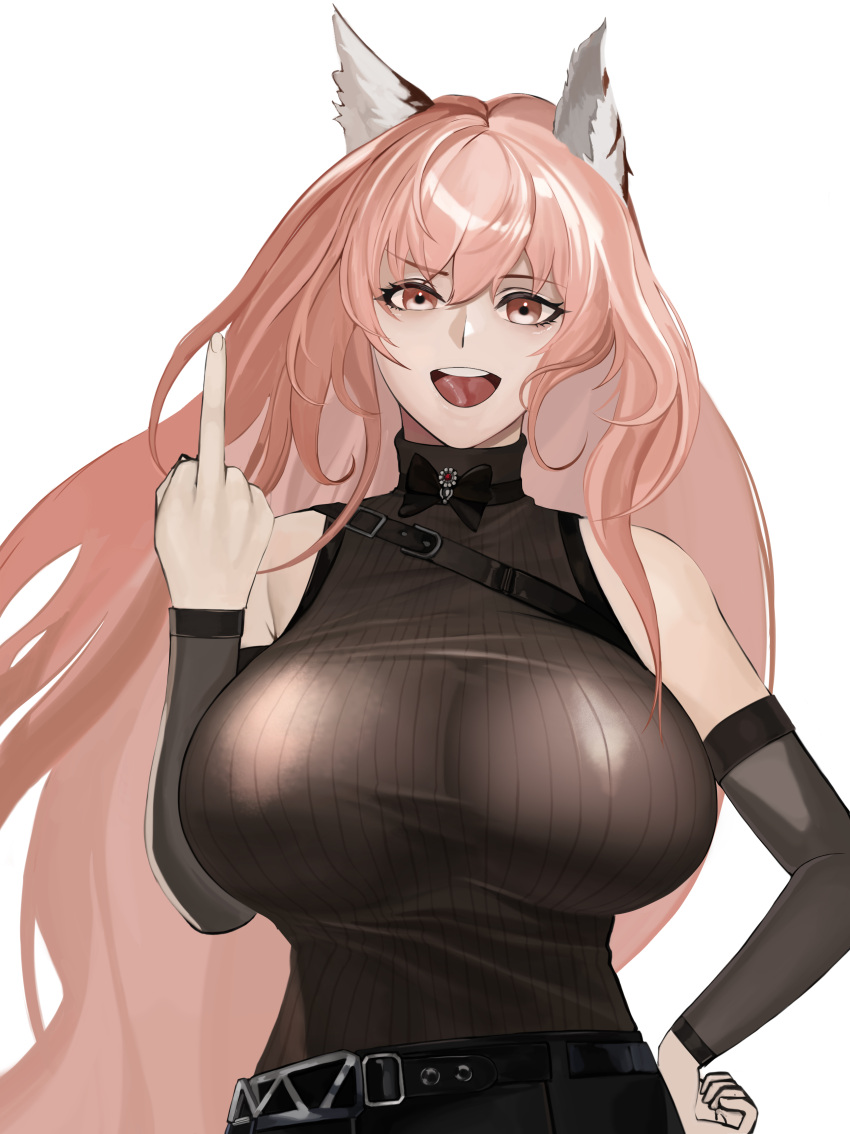 1girl absurdres animal_ear_fluff animal_ears belt black_belt black_neckwear black_shirt bow bowtie breasts eyebrows_visible_through_hair gcg girls'_frontline_neural_cloud girls_frontline hand_on_hip highres large_breasts long_hair looking_at_viewer middle_finger open_mouth persica_(girls'_frontline) persicaria_(girls'_frontline_nc) pink_eyes pink_hair shirt solo upper_body white_background