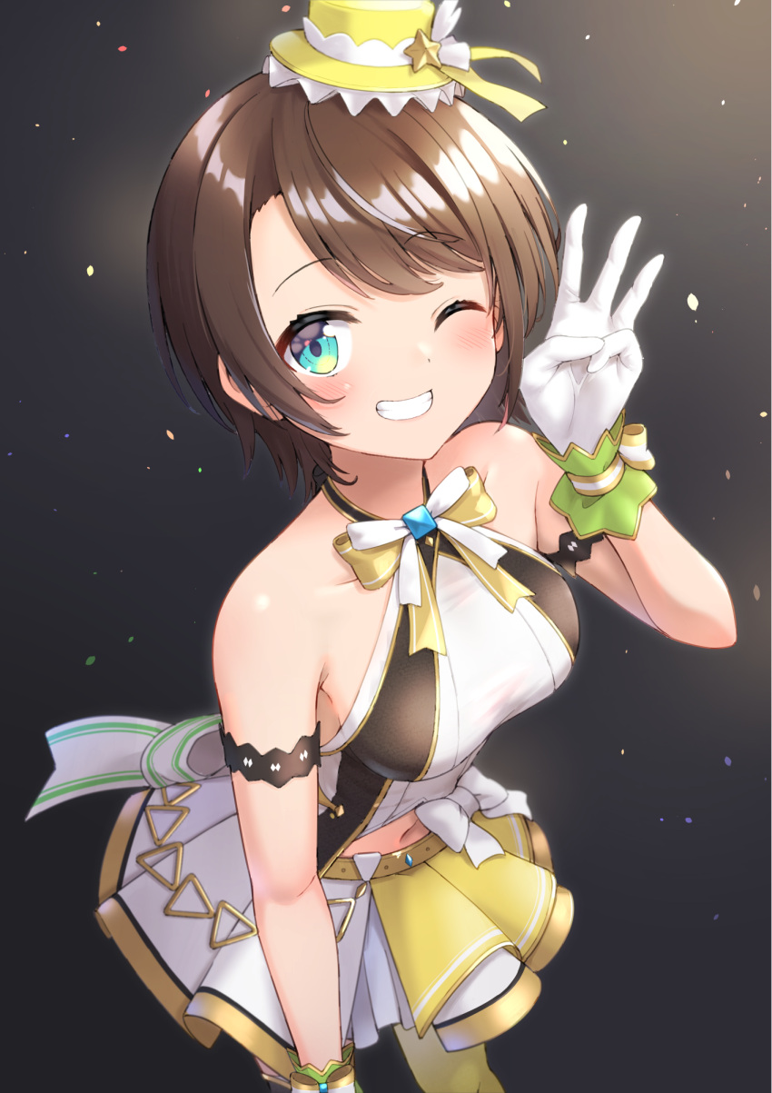 1girl ;d aqua_eyes armlet bangs bare_arms bare_shoulders belt blush bow bow_skirt brown_hair clothing_cutout eyebrows_visible_through_hair faubynet forehead gloves grin halter_top halterneck hand_on_own_thigh hat highres hololive hololive_idol_uniform idol idol_clothes layered_skirt leaning_forward mini_hat miniskirt navel navel_cutout official_alternate_costume one_eye_closed oozora_subaru open_mouth shirt short_hair skirt skirt_set sleeveless smile solo swept_bangs thigh-highs virtual_youtuber white_bow white_gloves white_skirt wrist_cuffs yellow_headwear yellow_legwear yellow_shirt