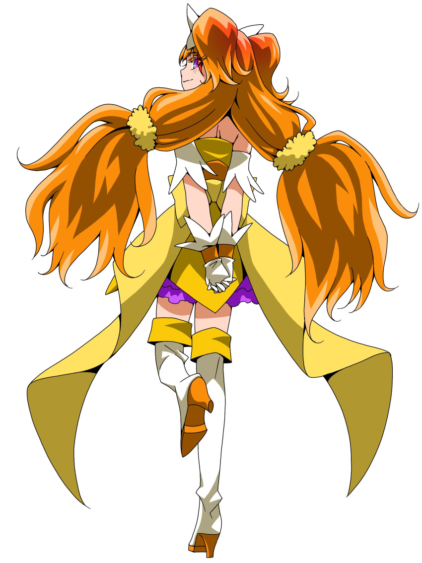 1girl absurdres amanogawa_kirara arm_strap bangs boots brown_hair closed_mouth cure_twinkle ebura_din eyebrows_visible_through_hair floating_hair from_behind full_body gloves go!_princess_precure gradient_hair high_heel_boots high_heels highres layered_skirt long_hair looking_back miniskirt multicolored_hair own_hands_clasped own_hands_together precure profile purple_skirt shiny shiny_hair simple_background skirt smile solo thigh-highs thigh_boots twintails very_long_hair violet_eyes white_background white_footwear white_gloves zettai_ryouiki