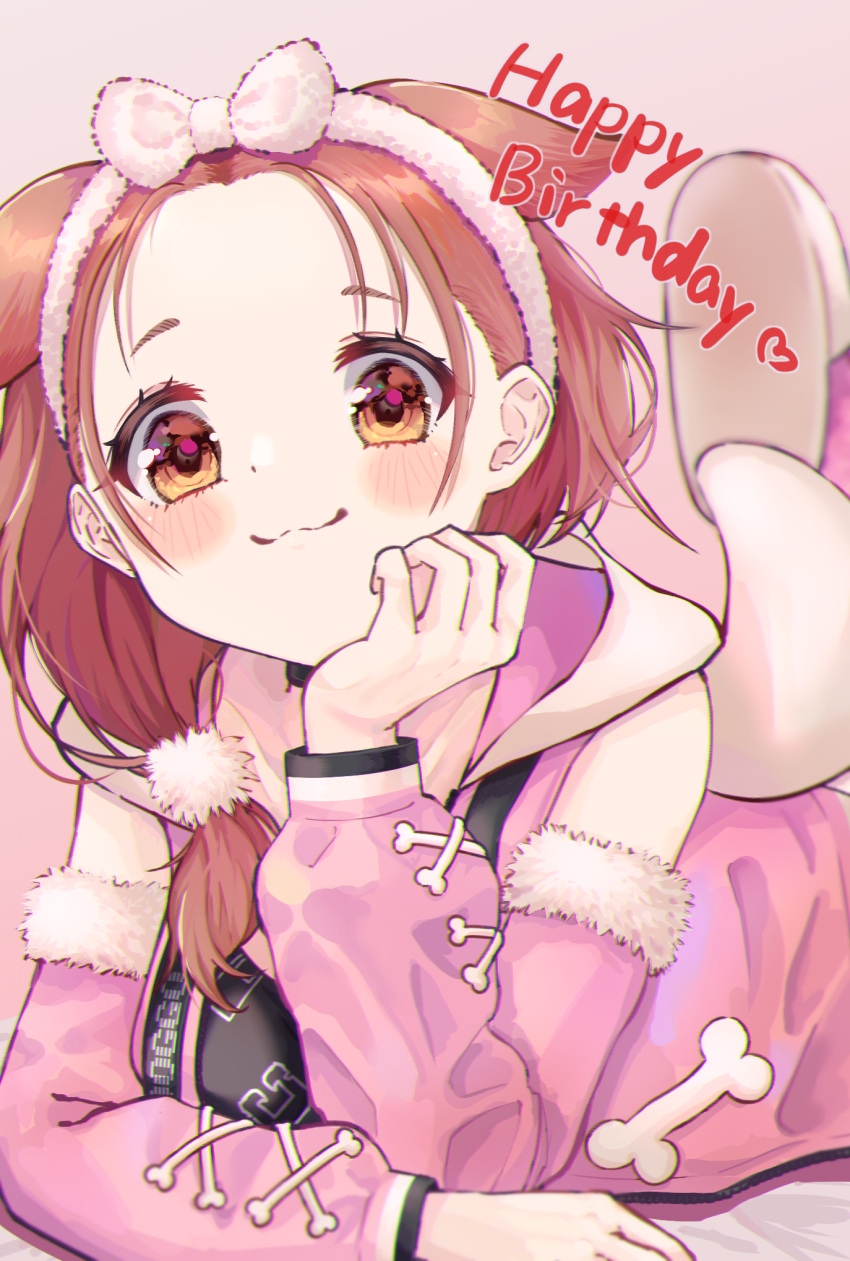 1girl :3 animal_ears animal_hood bangs_pinned_back bankamba bare_shoulders black_shirt blush_stickers bow bow_hairband brown_hair detached_sleeves dog_ears dog_girl dog_hood extra_ears forehead fur-trimmed_sleeves fur_trim hair_bow hair_ornament hair_over_shoulder hairband happy_birthday head_rest highres hololive hood hooded_vest hoodie inugami_korone jacket long_hair looking_at_viewer lying on_stomach open_clothes open_jacket pink_hairband pink_vest pom_pom_(clothes) pom_pom_hair_ornament print_shirt shirt smile solo vest virtual_youtuber