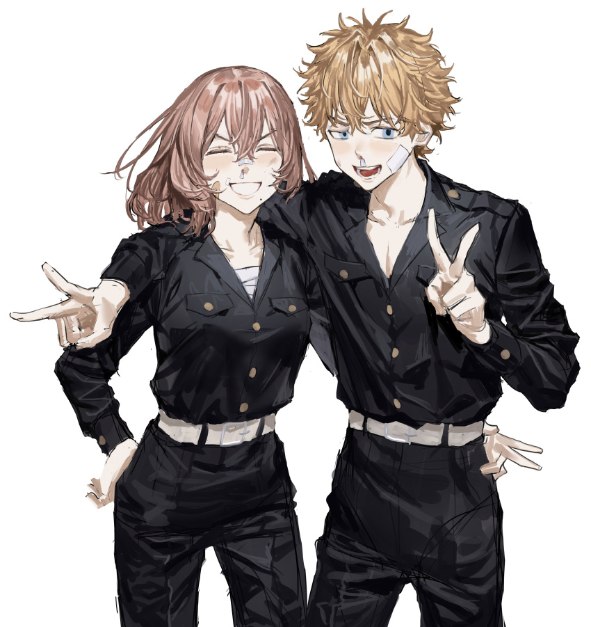 1boy 1girl absurdres arm_around_shoulder bandaid bandaid_on_cheek bandaid_on_face bandaid_on_nose bangs belt black_jacket black_pants blonde_hair blue_eyes blush breasts buttons closed_mouth couple double_v hanagaki_takemichi highres injury jacket long_hair looking_at_viewer mole mole_under_mouth open_mouth pants pink_hair short_hair smile tachibana_hinata_(tokyo_revengers) teeth tokyo_revengers unye_00 v white_background white_belt