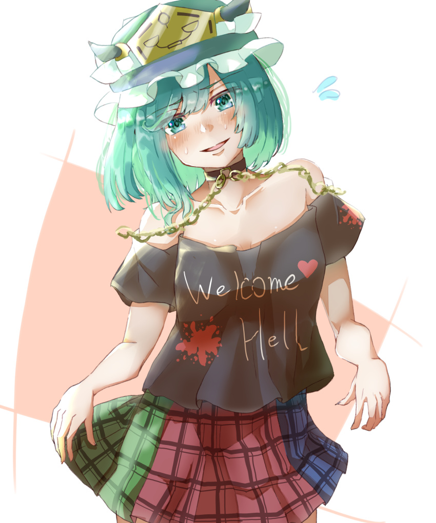 1girl absurdres asymmetrical_hair bangs black_shirt blue_skirt blush breasts chain clothes_writing commentary_request cosplay cowboy_shot eyebrows_visible_through_hair flying_sweatdrops green_eyes green_hair green_skirt gumi_(fwjn7284) heart hecatia_lapislazuli hecatia_lapislazuli_(cosplay) highres looking_at_viewer multicolored multicolored_clothes multicolored_skirt off-shoulder_shirt off_shoulder open_mouth plaid plaid_skirt red_skirt shiki_eiki shirt short_hair skirt small_breasts solo t-shirt touhou