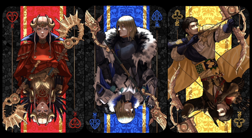 1girl 2boys areadbhar_(fire_emblem) armor axe aymr_(fire_emblem) blonde_hair bow_(weapon) cape claude_von_riegan club_(shape) dimitri_alexandre_blaiddyd dual_persona edelgard_von_hresvelg eyepatch failnaught_(fire_emblem) fake_horns fire_emblem fire_emblem:_three_houses fur_trim heart highres horned_headwear horns multiple_boys official_alternate_costume polearm silver_hair spade_(shape) spear tiara upper_body user_yprv7542 weapon