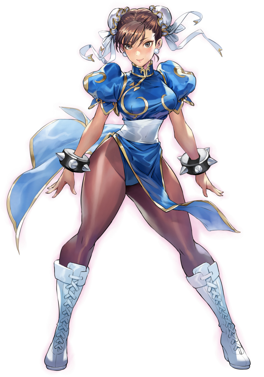 1girl bangs blue_dress blush boots bracelet breasts brown_eyes brown_hair brown_legwear bun_cover china_dress chinese_clothes chun-li commentary_request covered_navel double_bun dress duplicate earrings eyebrows_visible_through_hair full_body gold_trim groin hair_between_eyes highres jewelry legs_apart looking_at_viewer matsuda_(matsukichi) medium_breasts outline pantyhose pelvic_curtain pink_outline pixel-perfect_duplicate puffy_short_sleeves puffy_sleeves sash short_hair short_sleeves simple_background smile solo spiked_bracelet spikes standing street_fighter thighs white_background white_footwear white_sash