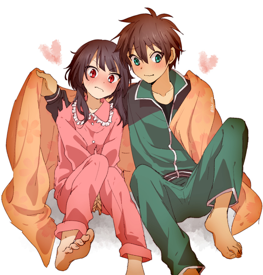 1boy 1girl banchii barefoot blanket blush brown_hair closed_mouth embarrassed feet green_eyes green_pants heart highres jacket knees_up kono_subarashii_sekai_ni_shukufuku_wo! megumin pajamas pants pink_pajamas pink_pants pink_shirt red_eyes satou_kazuma shirt short_hair short_hair_with_long_locks simple_background sitting sleepwear soles toes track_jacket track_suit v_arms white_background