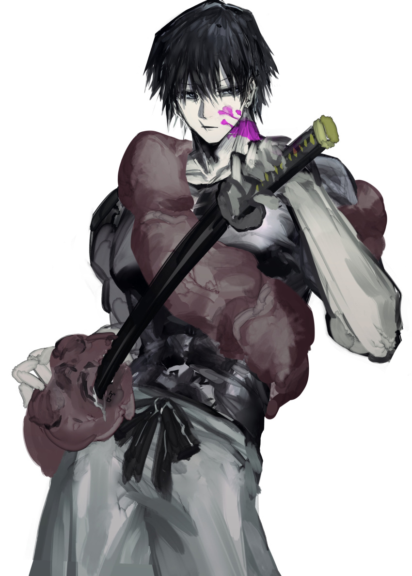 1boy absurdres black_bow black_hair blood blood_on_face blood_on_weapon bow character_request closed_mouth grey_eyes hair_between_eyes highres holding holding_sword holding_weapon ichini_(aaaraaaaaaaaa) jujutsu_kaisen katana male_focus purple_blood saliva scar scar_on_face scar_on_mouth signature simple_background sketch solo sword tentacles veins weapon white_background wrapped_up