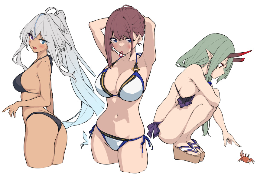 3girls absurdres akari_(baffu) baffu bikini breasts full_body green_hair grey_hair highres hitoyo_(baffu) horns large_breasts long_hair looking_at_viewer multiple_girls original red_horns simple_background squatting swimsuit white_background yuuna_(baffu)