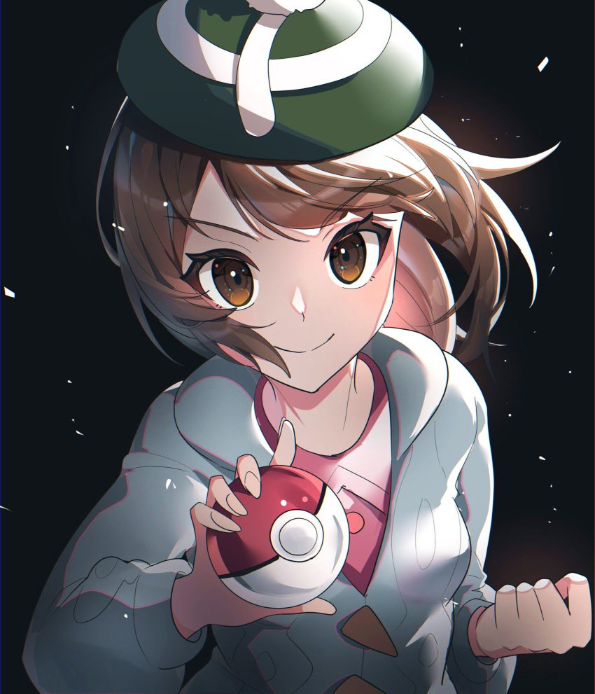 1girl aru_(citrine_drplt) bangs brown_eyes brown_hair buttons cable_knit cardigan closed_mouth collared_dress commentary_request dress gloria_(pokemon) green_headwear grey_cardigan hat highres holding holding_poke_ball hooded_cardigan long_hair looking_at_viewer pink_dress poke_ball poke_ball_(basic) pokemon pokemon_(game) pokemon_swsh smile solo tam_o'_shanter upper_body