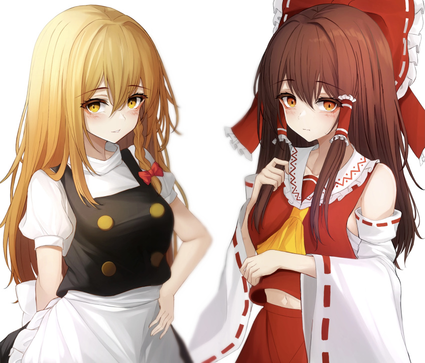 .me 2girls ascot bangs blonde_hair blush bow braid breasts brown_eyes brown_hair closed_mouth collarbone commentary detached_sleeves eyebrows_visible_through_hair frilled_bow frilled_shirt_collar frills hair_between_eyes hair_bow hair_tubes hakurei_reimu hand_on_hip highres holding holding_hair kirisame_marisa long_hair long_sleeves looking_at_viewer medium_breasts midriff multiple_girls navel no_hat no_headwear nontraditional_miko ponytail puffy_short_sleeves puffy_sleeves red_bow ribbon-trimmed_sleeves ribbon_trim sarashi short_sleeves simple_background single_braid touhou upper_body white_background yellow_neckwear