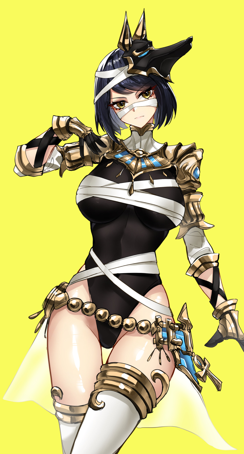 1girl absurdres alternate_costume bandage_on_face bandaged_arm bandaged_leg bandages bangs black_hair black_leotard breasts casul closed_mouth commentary dog_mask egyptian egyptian_clothes english_commentary gauntlets genshin_impact gold highleg highleg_leotard highres jewelry kujou_sara large_breasts leotard looking_at_viewer mask mask_on_head mummy short_hair solo thigh-highs thighlet yellow_background yellow_eyes