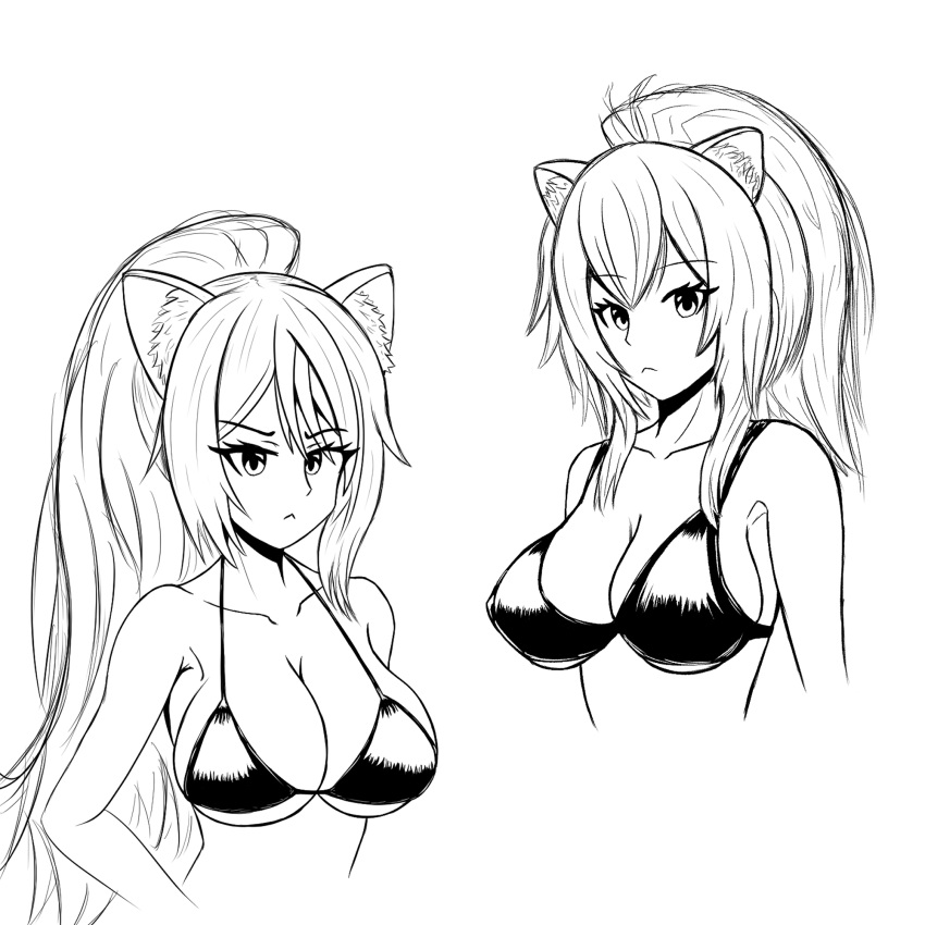 2girls :&lt; animal_ear_fluff animal_ears arknights bangs bare_shoulders bikini breasts cat_ears collarbone commentary cropped_torso english_commentary eyebrows_visible_through_hair eyelashes hair_between_eyes highres kentumatsu large_breasts lion_ears long_hair looking_at_viewer monochrome multiple_girls ponytail schwarz_(arknights) siege_(arknights) simple_background swimsuit upper_body white_background