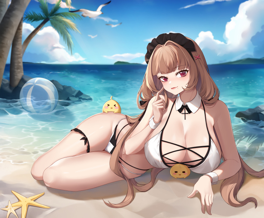 &gt;_&lt; 1girl absurdres azur_lane ball beach beachball bikini black_headband blue_sky breasts collar cross-laced_bikini cross-laced_clothes detached_collar frilled_hairband frills full_body hairband headband highres hongyouling huge_breasts looking_at_viewer lying maid_bikini manjuu_(azur_lane) multi-strapped_bikini official_alternate_costume on_side palm_tree red_eyes sky solo starfish summer swiftsure_(azur_lane) swiftsure_(midsummer_special_service)_(azur_lane) swimsuit tree two-tone_bikini water white_bikini white_bird white_collar wrist_cuffs