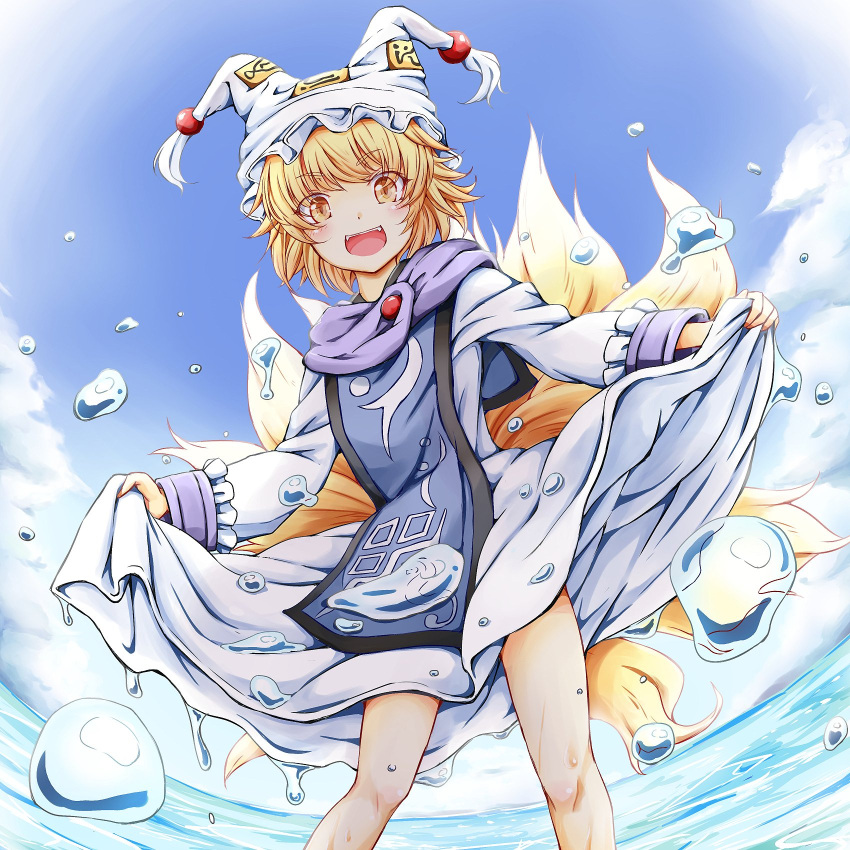 1girl alternate_breast_size bangs blue_sky blush breasts brooch clothes_lift clouds cloudy_sky dress dress_lift fox_tail frilled_dress frills full_body happy hat highres jewelry kitsune long_sleeves looking_at_viewer mob_cap multiple_tails ofuda open_mouth shoes short_hair signature sky small_breasts smile solo tabard tail tamasan tassel touhou water_drop white_sleeves wide_sleeves yakumo_ran yellow_eyes