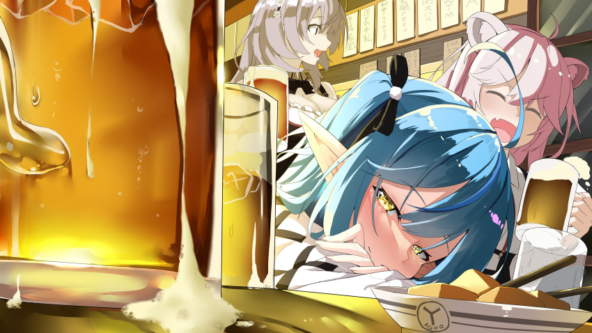 3girls absurdres ahoge alcohol animal_ears bangs beer beer_mug blue_hair blush breasts closed_eyes closed_mouth collared_shirt colored_tips cup drinking ear_piercing elf food german_clothes green_eyes grey_hair hair_between_eyes half-closed_eyes head_rest highres holding holding_cup hololive indoors large_breasts lion_ears lion_girl long_hair looking_at_viewer maid mug multicolored_hair multiple_girls open_mouth piercing pointy_ears shirogane_noel shirt shishiro_botan smile streaked_hair unfinished virtual_youtuber white_shirt yellow_eyes yukihana_lamy zelitto