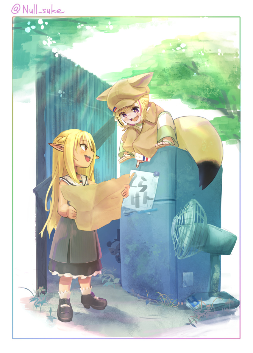 2girls absurdres animal_ears blonde_hair brown_eyes brown_headwear brown_jacket child commentary_request dress electric_fan fox_ears highres hololive jacket kintsuba_(shiranui_flare) map multiple_girls null_suke omaru_polka open_mouth pointing pointy_ears refrigerator sailor_dress sandals shiranui_flare sitting smile star-shaped_pupils star_(symbol) symbol-shaped_pupils tree twitter_username violet_eyes virtual_youtuber younger