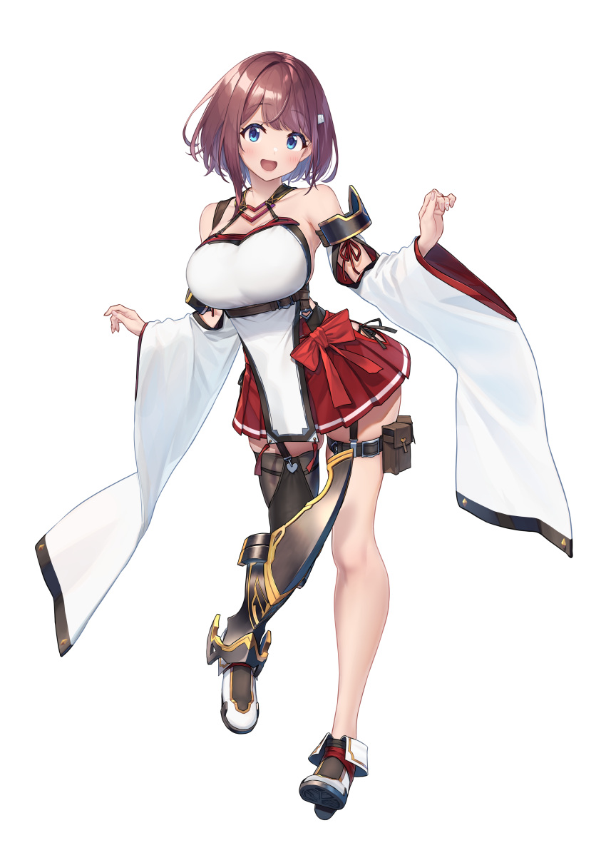 1girl absurdres armor baffu bare_shoulders belt blue_eyes breasts brown_hair collarbone commentary_request contrapposto curvy detached_sleeves eyebrows_visible_through_hair full_body garter_straps halterneck head_tilt highres hip_vent hitoyo_(baffu) holster huge_breasts looking_at_viewer medium_hair open_mouth original panties panty_straps pleated_skirt red_skirt short_hair side-tie_panties sideboob sideless_outfit single_thighhigh skindentation skirt smile solo tareme thigh-highs thigh_holster thigh_strap underwear wide_sleeves zettai_ryouiki