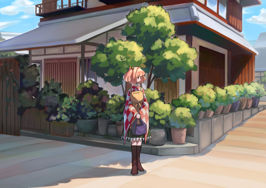 1girl absurdres apron bell character_name checkered checkered_kimono clothes_writing frogsnake hair_bell hair_bobbles hair_ornament highres house japanese_clothes kimono motoori_kosuzu orange_hair outdoors plant potted_plant red_eyes solo standing touhou tree twintails