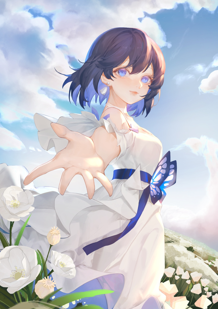 1girl absurdres bangs bare_shoulders blue_eyes blue_hair blue_sky clouds cloudy_sky drawstory dress flower grass highres honkai_(series) honkai_impact_3rd lips looking_at_viewer outdoors outstretched_arm seele_vollerei seele_vollerei_(swallowtail_phantasm) short_hair sky smile solo sundress white_dress white_flower