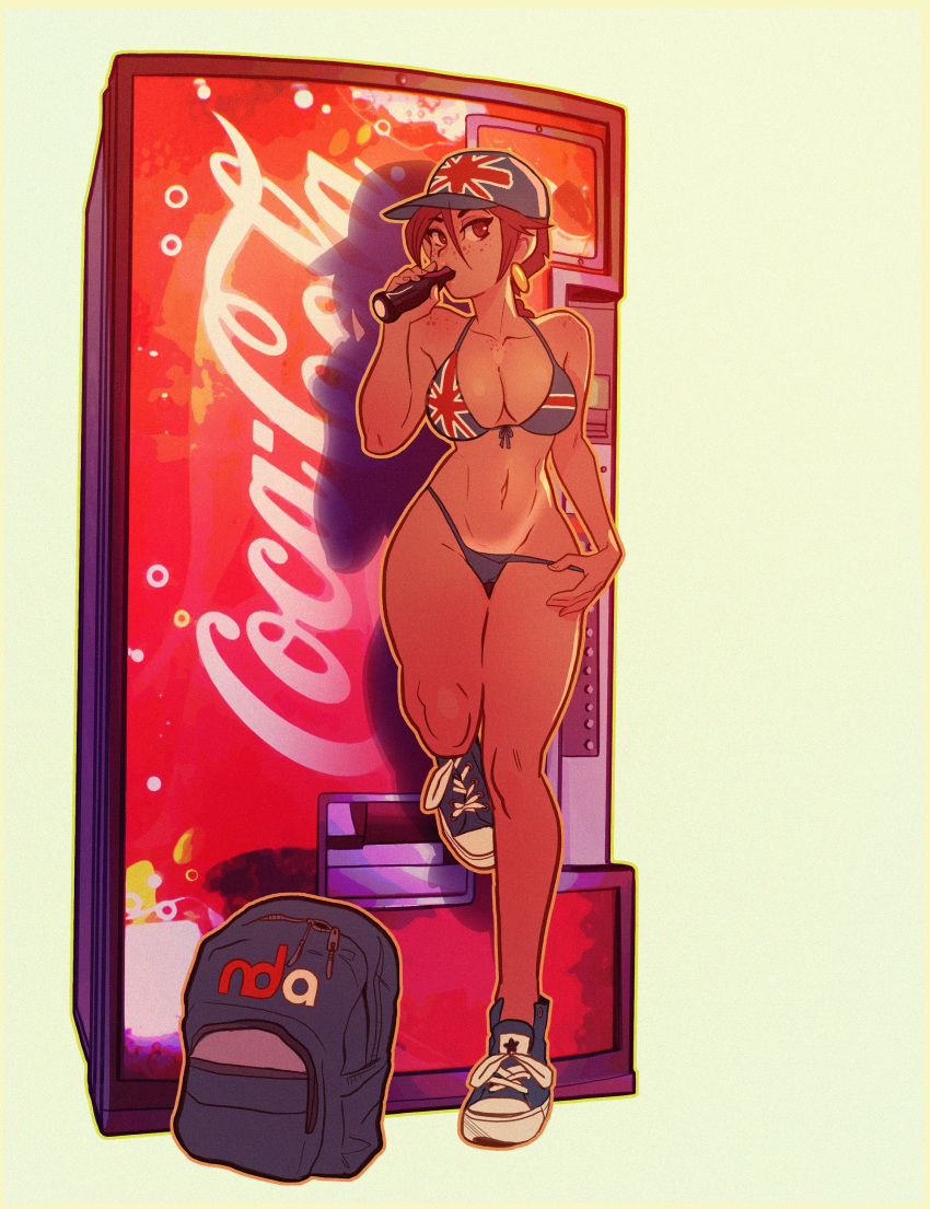 1girl absurdres aubrey_(neal_d._anderson) backpack bag baseball_cap bikini breasts brown_eyes brown_hair coca-cola drinking earrings eyebrows_visible_through_hair freckles full_body hair_between_eyes hat highres jewelry large_breasts looking_at_viewer navel neal_d._anderson original shoes simple_background solo standing swimsuit tan tanlines union_jack vending_machine white_background