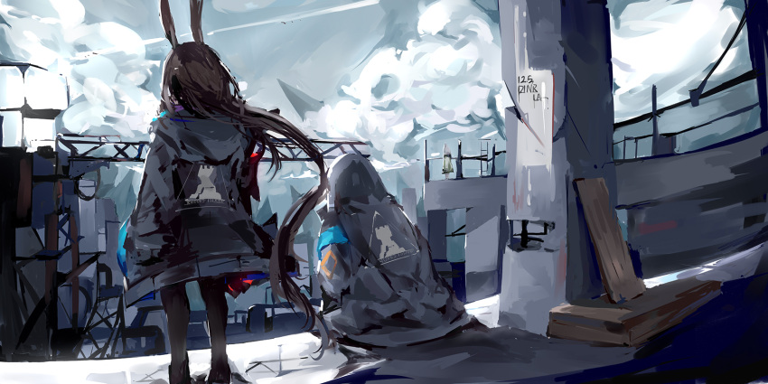 1other 2girls amiya_(arknights) animal_ears arknights back black_jacket building dinrlala doctor_(arknights) highres jacket kal'tsit_(arknights) looking_away multiple_girls rabbit_ears rhodes_island_logo scenery sitting