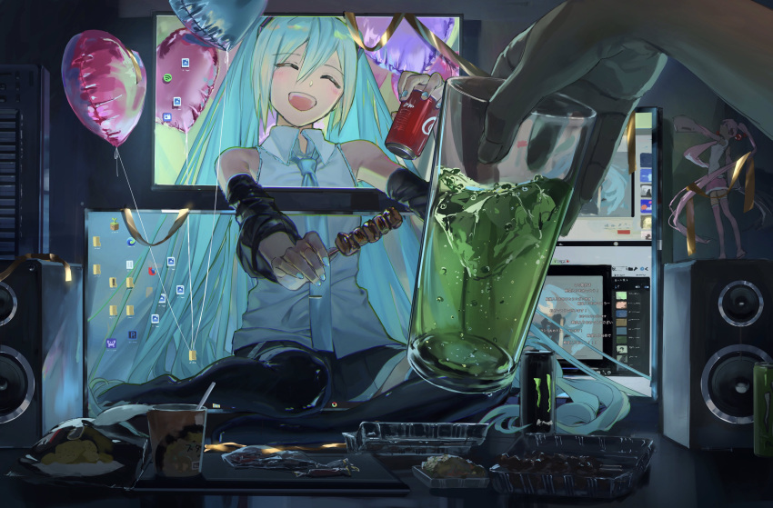 1boy 1girl :d ^_^ absurdres aqua_hair aqua_nails aqua_neckwear bag balloon bangs black_footwear boots can chips closed_eyes coca-cola commentary computer cup desktop detached_sleeves energy_drink fingernails firefox food grey_shirt hataya hatsune_miku heart_balloon highres holding holding_can holding_cup holding_food ice ice_cube instrument keyboard_(instrument) long_hair monitor monster_energy necktie niconico niconico_comments open_mouth plastic_bag potato_chips sakura_miku shirt sidelocks sitting skewer smile solo_focus speaker spotify thigh-highs thigh_boots twintails very_long_hair vocaloid youtube