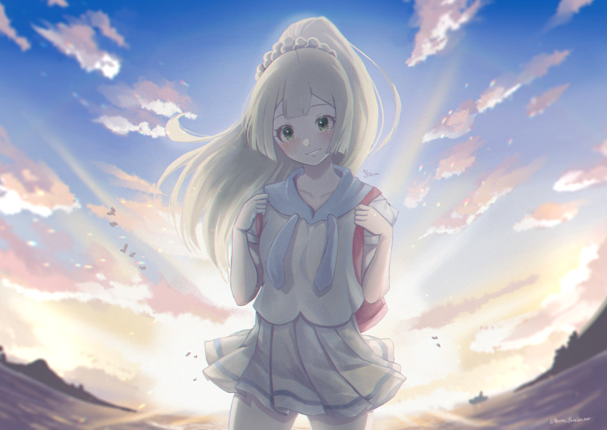 1girl absurdres amazuya_azuma backpack bag bangs bird blonde_hair blush clouds collarbone commentary_request cowboy_shot day eyelashes floating_hair green_eyes hands_up highres holding_strap lillie_(pokemon) long_hair outdoors parted_lips pink_bag pleated_skirt pokemon pokemon_(game) pokemon_sm sailor_collar shirt short_sleeves skirt sky smile solo white_shirt white_skirt
