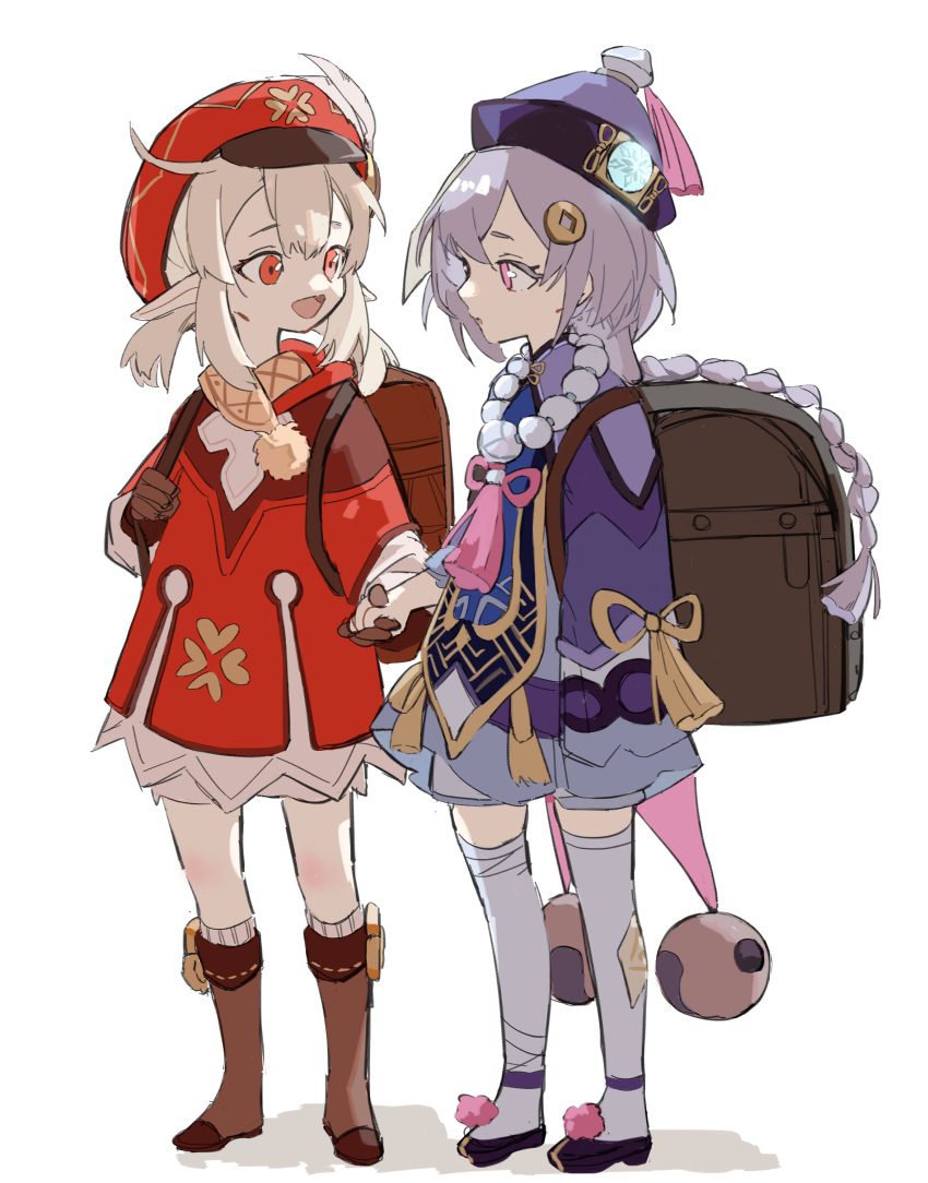 2girls :d absurdres ahoge backpack bag bandaged_leg bandages bangs bead_necklace beads black_footwear bloomers brown_footwear brown_gloves brown_scarf cabbie_hat cape chinese_clothes clover_print coat coin_hair_ornament commentary_request eyebrows_visible_through_hair full_body genshin_impact gloves hair_between_eyes hat hat_feather hat_ornament highres holding_hands jewelry jiangshi klee_(genshin_impact) kurattes light_brown_hair long_hair long_sleeves looking_at_another low_twintails multiple_girls necklace ofuda open_mouth orb pointy_ears qing_guanmao qiqi_(genshin_impact) randoseru red_coat red_eyes scarf shoes sidelocks simple_background sketch smile standing thigh-highs twintails underwear vision_(genshin_impact) white_background white_legwear wide_sleeves yin_yang yin_yang_orb zettai_ryouiki